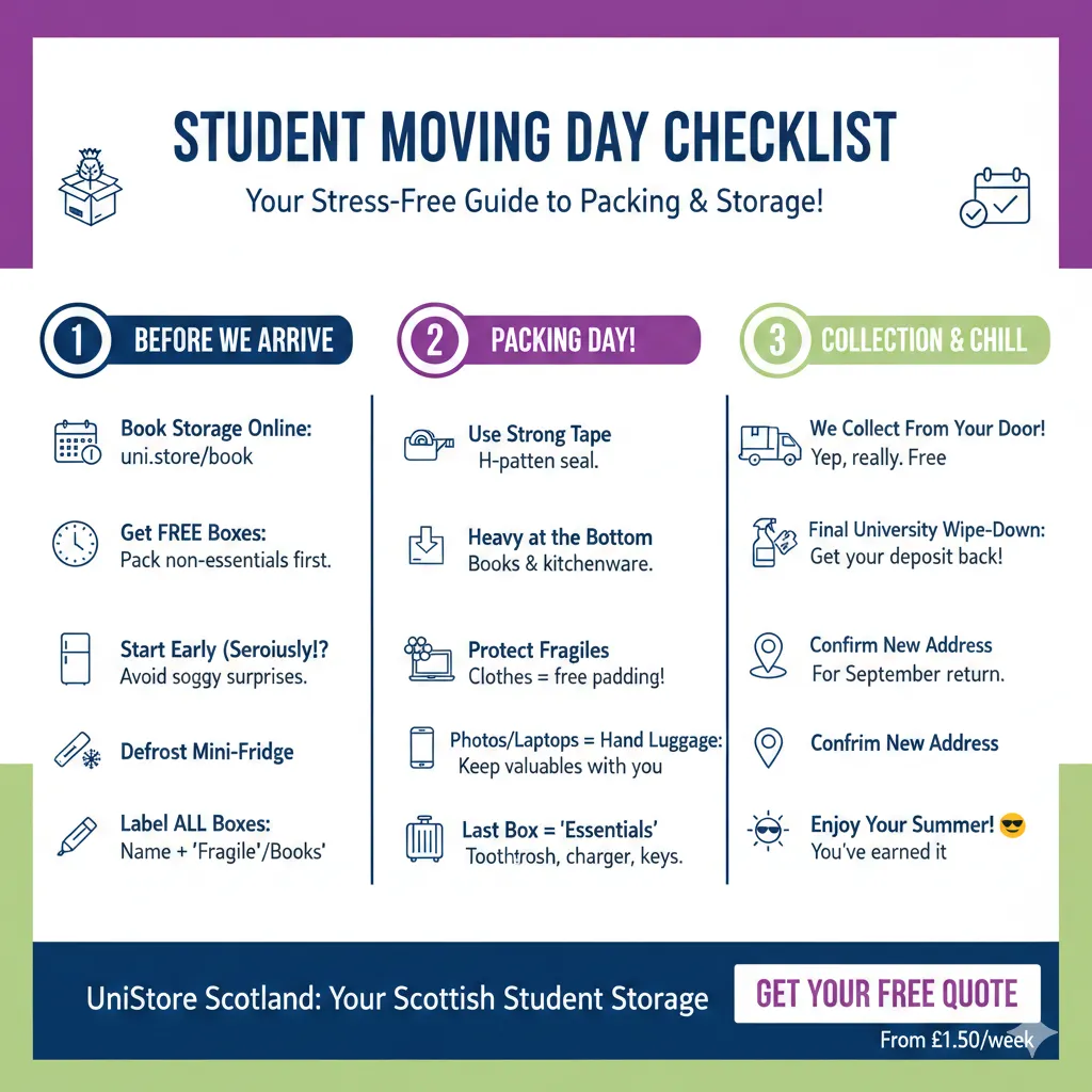 An infographic titled "Student Moving Day Checklist" from UniStore Scotland, providing a stress-free guide to self storage for students. The checklist is divided into three stages: "Before We Arrive," "Packing Day!", and "Collection & Chill," featuring tips like booking online, using strong tape, and enjoying the summer while items are collected from the door.